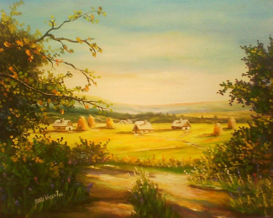 Peisaj rural cu căpițe de fân, pictură de Sisu Vicențiu